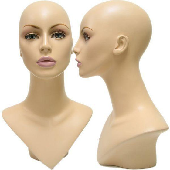 MN-176 V-Neck Female Fleshtone Mannequin Head Form with Realistic Make-Up & False Eyelashes  - DisplayImporter.com