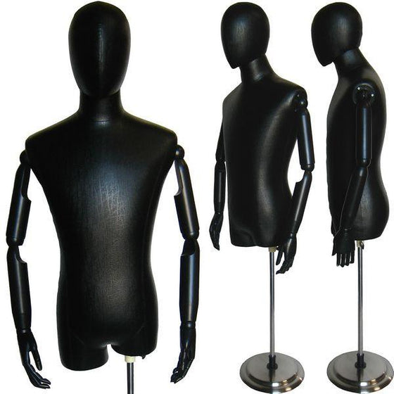 MN-603 Men's Egghead Dress Form with Articulate Arms Black Leatherette - DisplayImporter.com - 2